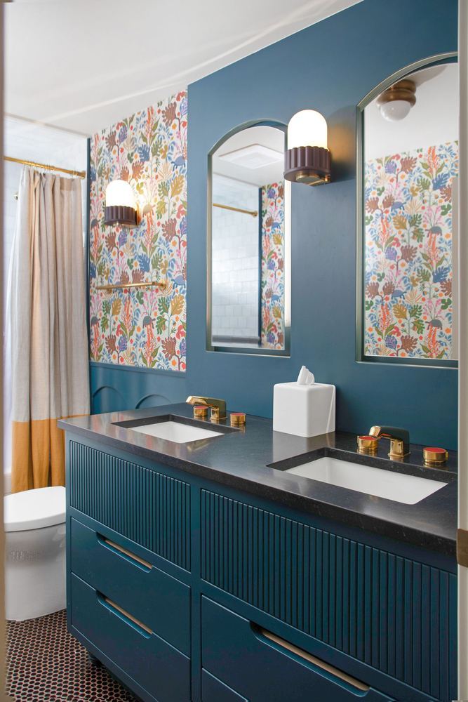 Fluted vanity, hand-printed wallpaper