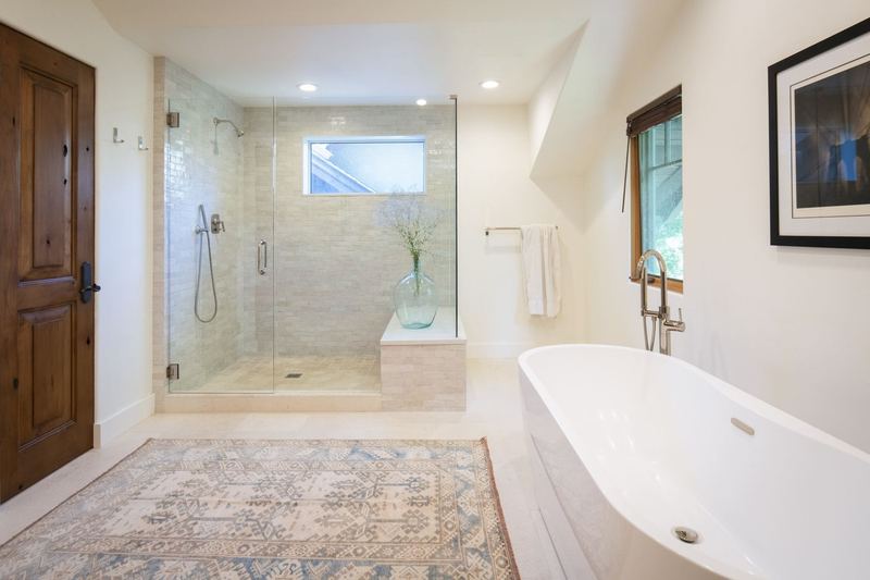 Primary bath: Freestanding tub, rift oak vanity