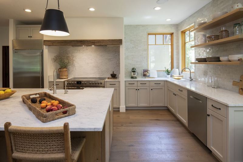 Reclaimed timber hood beam over a marble slab