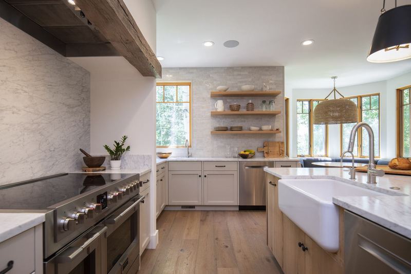 Range, farmhouse sink, marble counters