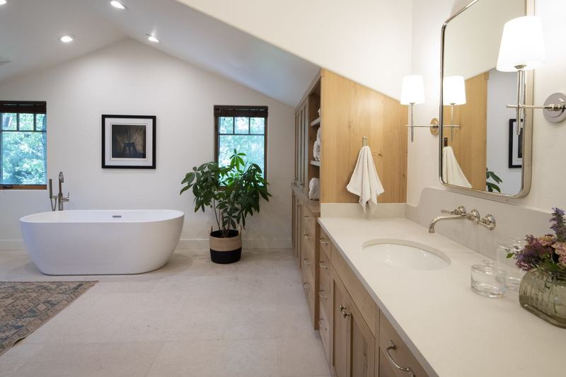 Rift oak double vanity, marble counters